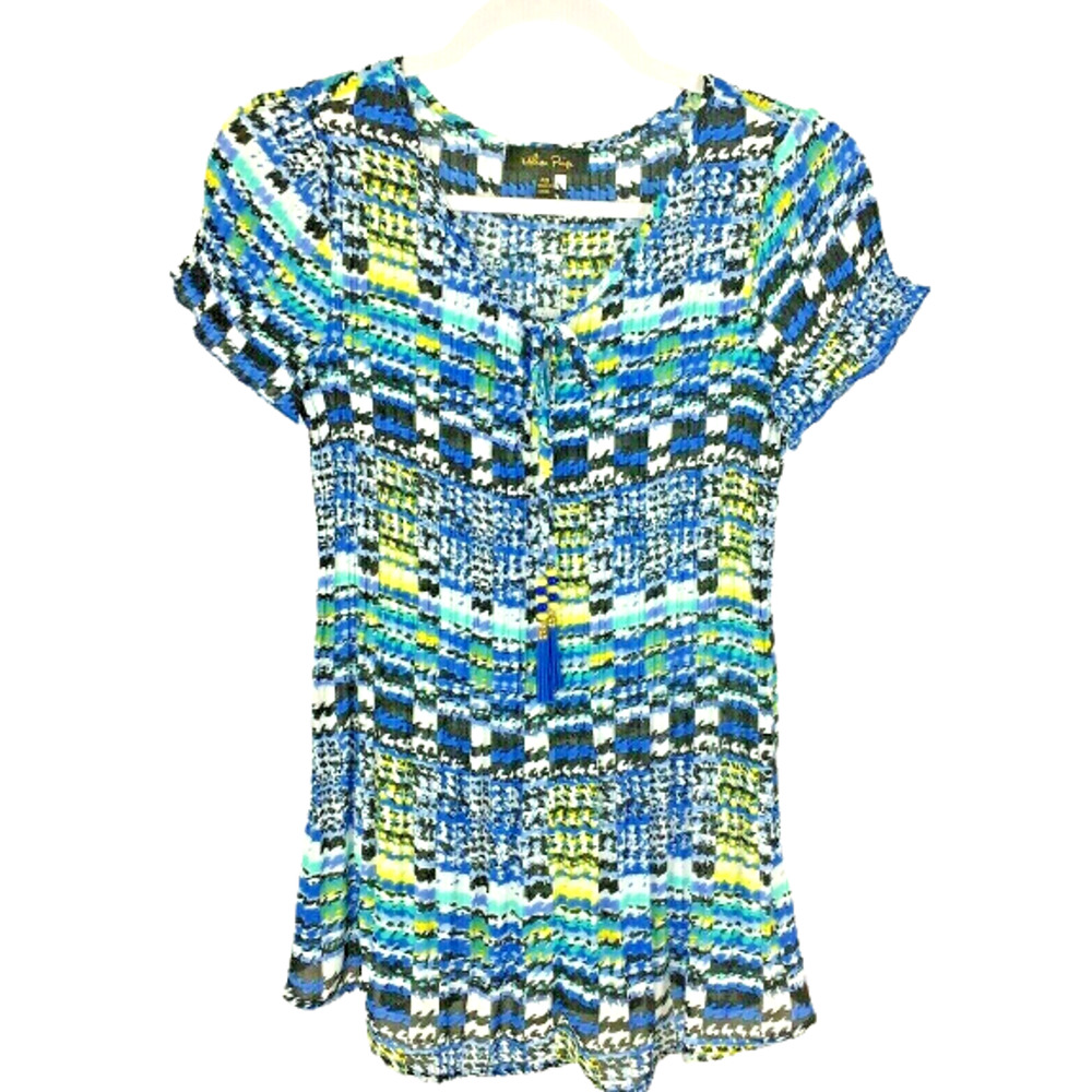 Melissa Paige Top Womens XS‎ Accordion Pleat Blouse Beaded Tassel Tie